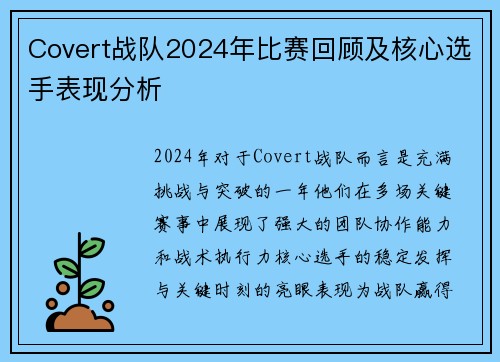 Covert战队2024年比赛回顾及核心选手表现分析