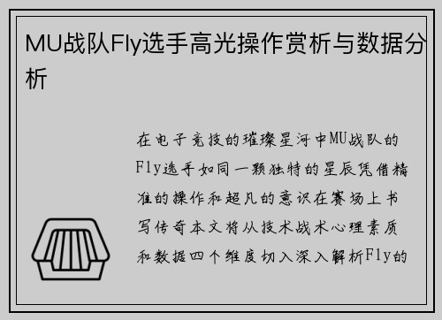 MU战队Fly选手高光操作赏析与数据分析